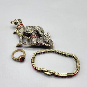 Heidi Daus Handsome Hounds Brooch Crystal Dog Pin w/ Bracelet & Ring Size 7